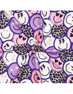 Tissu, French Terry Imprimé Smileys Léopards, Violets Funky, Laize 150 cm, Coton Stretch Doux 2