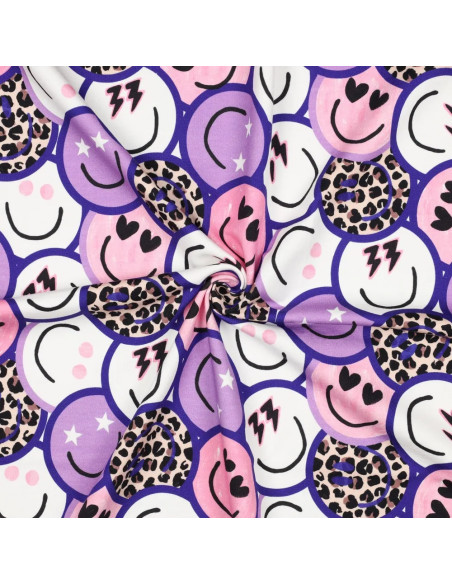 Tissu, French Terry Imprimé Smileys Léopards, Violets Funky, Laize 150 cm, Coton Stretch Doux