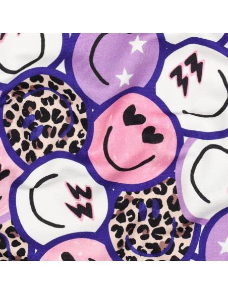 Tissu, French Terry Imprimé Smileys Léopards, Violets Funky, Laize 150 cm, Coton Stretch Doux