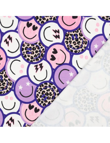 Tissu, French Terry Imprimé Smileys Léopards, Violets Funky, Laize 150 cm, Coton Stretch Doux