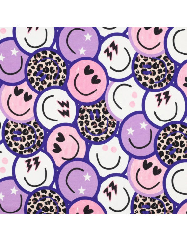 Tissu, French Terry Imprimé Smileys Léopards, Violets Funky, Laize 150 cm, Coton Stretch Doux