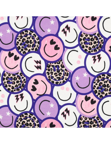 Tissu, French Terry Imprimé Smileys Léopards, Violets Funky, Laize 150 cm, Coton Stretch Doux