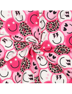 Tissu, French Terry Imprimé Smileys Léopard, Rose Funky, Laize 150 cm, Coton Stretch