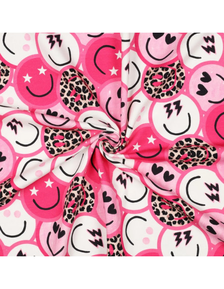 Tissu, French Terry Imprimé Smileys Léopard, Rose Funky, Laize 150 cm, Coton Stretch