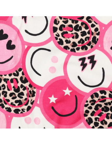 Tissu, French Terry Imprimé Smileys Léopard, Rose Funky, Laize 150 cm, Coton Stretch