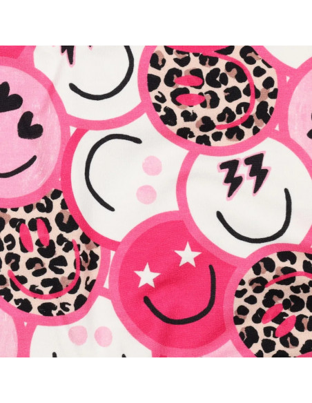 Tissu, French Terry Imprimé Smileys Léopard, Rose Funky, Laize 150 cm, Coton Stretch