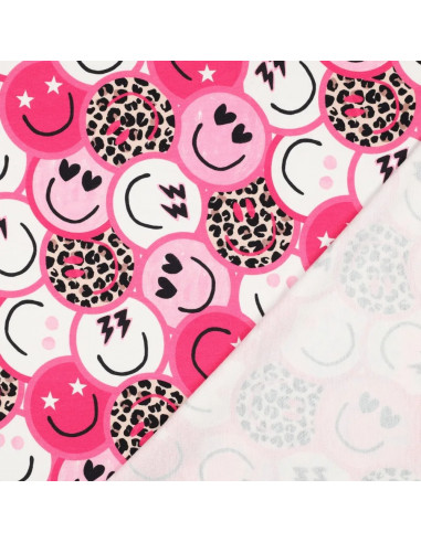 Tissu, French Terry Imprimé Smileys Léopard, Rose Funky, Laize 150 cm, Coton Stretch