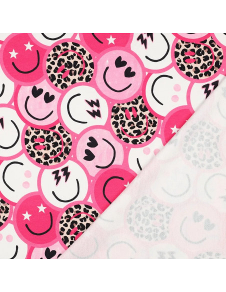Tissu, French Terry Imprimé Smileys Léopard, Rose Funky, Laize 150 cm, Coton Stretch