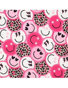 Tissu, French Terry Imprimé Smileys Léopard, Rose Funky, Laize 150 cm, Coton Stretch 2