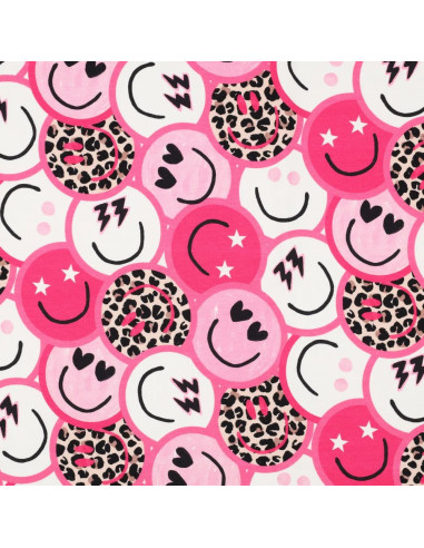 Tissu, French Terry Imprimé Smileys Léopard, Rose Funky, Laize 150 cm, Coton Stretch