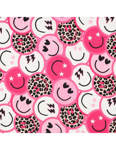 Tissu, French Terry Imprimé Smileys Léopard, Rose Funky, Laize 150 cm, Coton Stretch