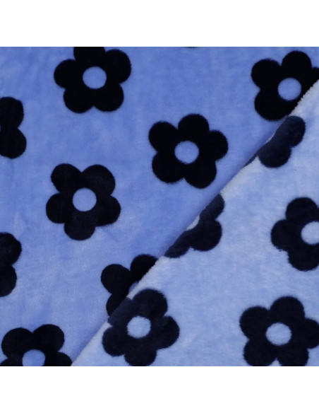 Tissu, Polaire Doudou Fleurs, Bleu Nattier à Fleurs Bleues, Laize 145 cm, 100% Polyester 320g/m²