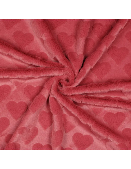 Tissu, Fausse Fourrure Cœurs en Relief, Rose Poudré, Laize 150 cm, 100% Polyester