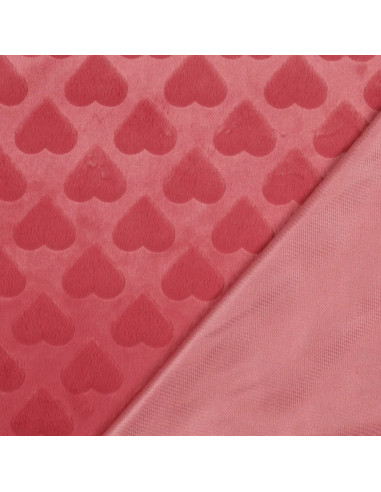 Tissu, Fausse Fourrure Cœurs en Relief, Rose Poudré, Laize 150 cm, 100% Polyester