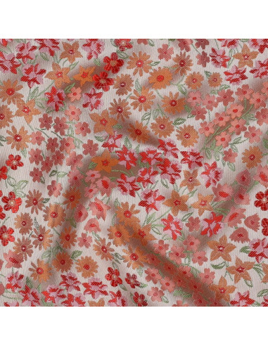 Tissu jacquard, fleurs orange et roses
