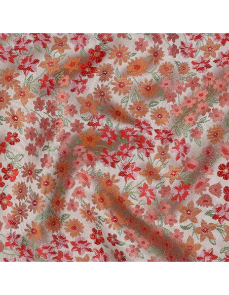 Tissu jacquard, fleurs orange et roses