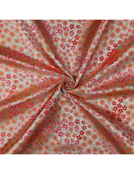 Tissu jacquard, fleurs orange et roses