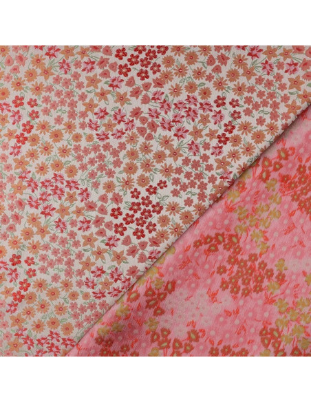 Tissu, Jacquard Fleuri, Orange et Rose, Laize 160 cm, 100% Polyester 170g/m²
