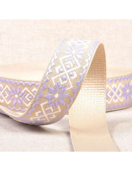 Sangle fleurs, ethnique, 38mm, parme/beige