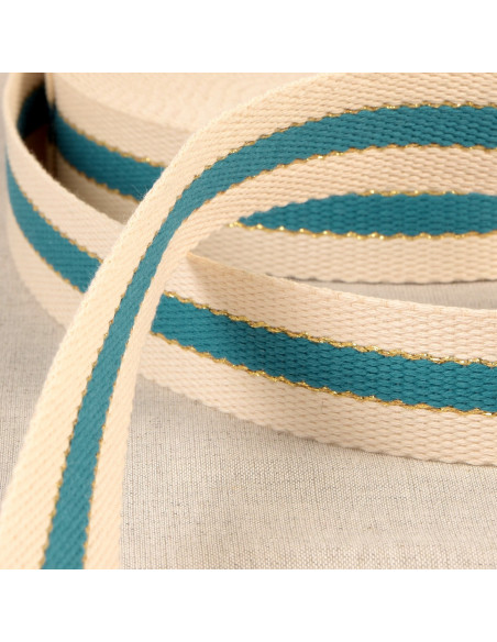 Sangle 3 bandes et lurex, 30mm, bleu canard