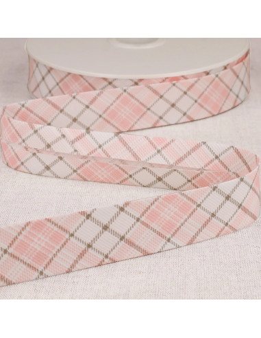 Biais tout textile, 25mm, écossais, rose