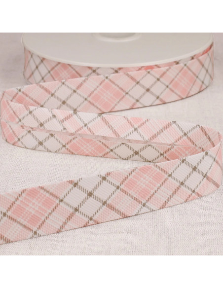 Biais tout textile, 25mm, écossais, rose
