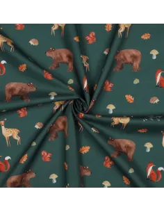 Tissu, Popeline de Coton Animaux de la Forêt, Vert Sapin, Laize 150 cm, 100% Coton 110g/m² 2