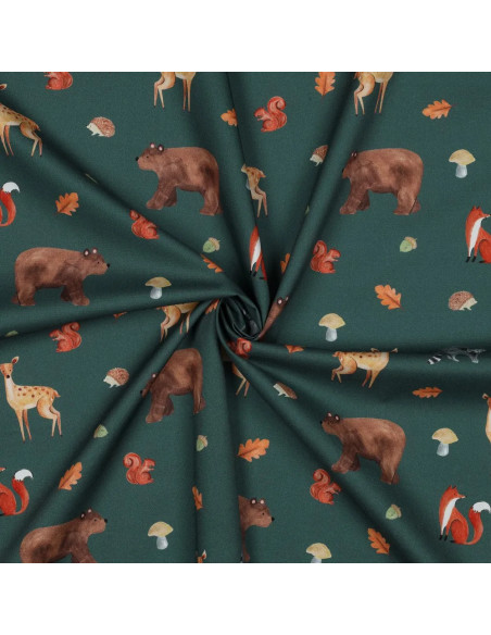 Tissu, Popeline de Coton Animaux de la Forêt, Vert Sapin, Laize 150 cm, 100% Coton 110g/m²