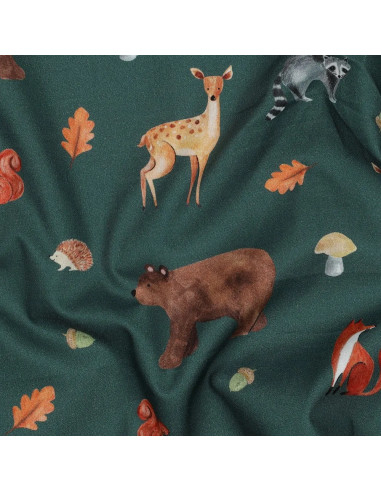 Tissu, Popeline de Coton Animaux de la Forêt, Vert Sapin, Laize 150 cm, 100% Coton 110g/m²