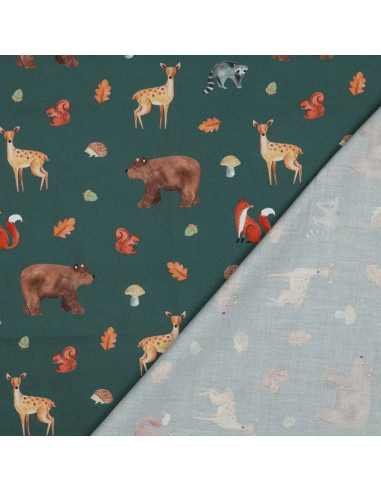 Tissu, Popeline de Coton Animaux de la Forêt, Vert Sapin, Laize 150 cm, 100% Coton 110g/m²