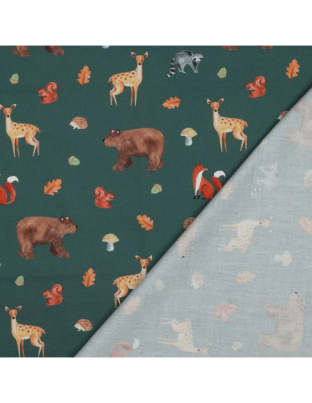 Tissu, Popeline de Coton Animaux de la Forêt, Vert Sapin, Laize 150 cm, 100% Coton 110g/m²