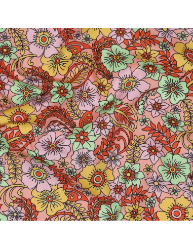 Tissu, Popeline de Coton Flower Power, Multicolore Acidulé, Laize 150 cm, 100% Coton 110g/m²