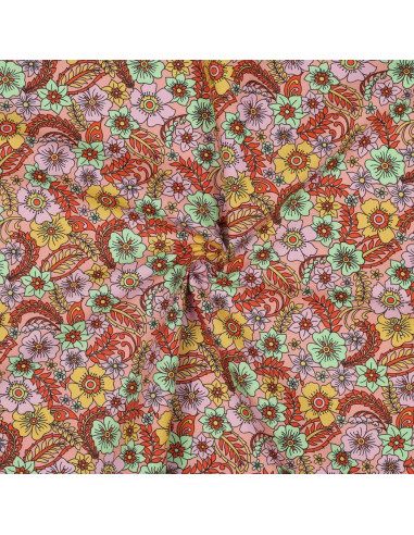 Tissu, Popeline de Coton Flower Power, Multicolore Acidulé, Laize 150 cm, 100% Coton 110g/m²