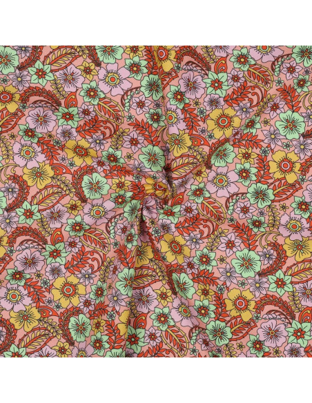 Tissu, Popeline de Coton Flower Power, Multicolore Acidulé, Laize 150 cm, 100% Coton 110g/m²