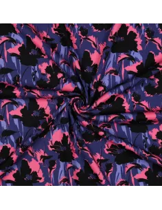 Tissu, Twill de Viscose Stretch Fleuri, Bleu Noir Rose, Laize 140 cm, 97% Viscose 3% Elasthanne 180g/m² 2