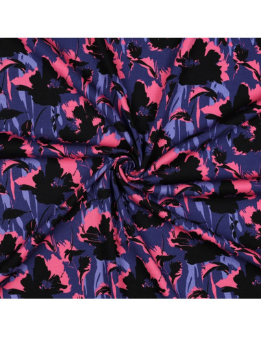 Tissu, Twill de Viscose Stretch Fleuri, Bleu Noir Rose, Laize 140 cm, 97% Viscose 3% Elasthanne 180g/m²