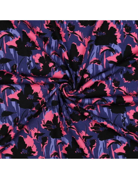Tissu, Twill de Viscose Stretch Fleuri, Bleu Noir Rose, Laize 140 cm, 97% Viscose 3% Elasthanne 180g/m²