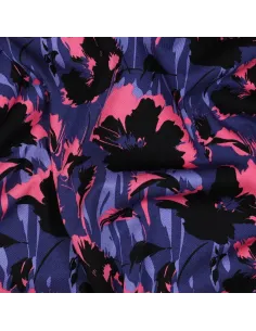 Tissu, Twill de Viscose Stretch Fleuri, Bleu Noir Rose, Laize 140 cm, 97% Viscose 3% Elasthanne 180g/m²