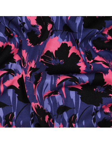 Tissu, Twill de Viscose Stretch Fleuri, Bleu Noir Rose, Laize 140 cm, 97% Viscose 3% Elasthanne 180g/m²