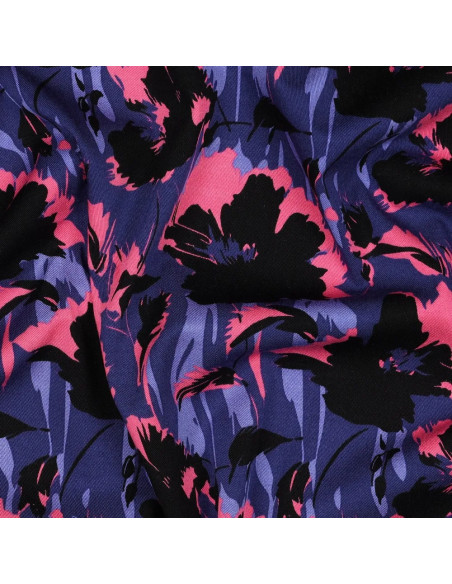 Tissu, Twill de Viscose Stretch Fleuri, Bleu Noir Rose, Laize 140 cm, 97% Viscose 3% Elasthanne 180g/m²