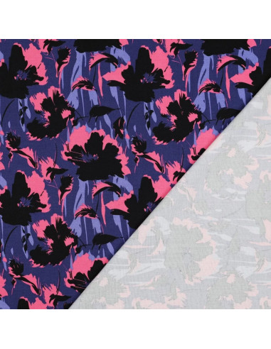 Tissu, Twill de Viscose Stretch Fleuri, Bleu Noir Rose, Laize 140 cm, 97% Viscose 3% Elasthanne 180g/m²
