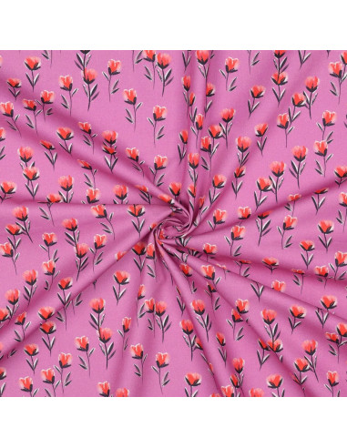 Tissu, Popeline de Coton Coquelicots, Mauve, Laize 150 cm, 100% Coton 110g/m²
