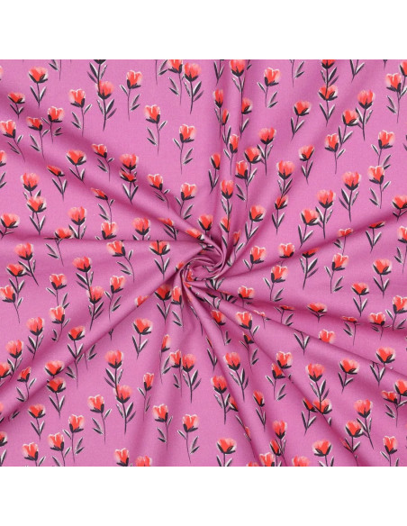 Tissu, Popeline de Coton Coquelicots, Mauve, Laize 150 cm, 100% Coton 110g/m²
