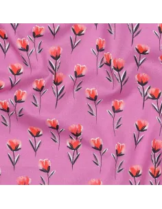 Tissu, Popeline de Coton Coquelicots, Mauve, Laize 150 cm, 100% Coton 110g/m²