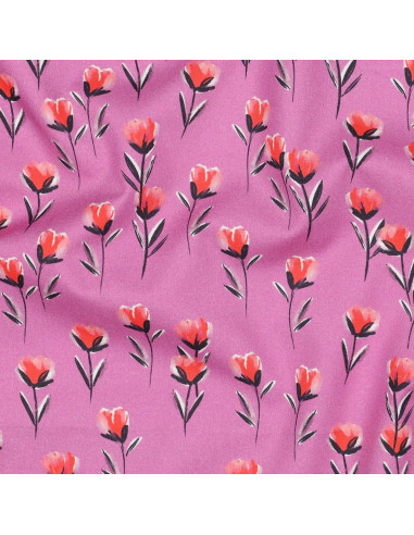 Tissu, Popeline de Coton Coquelicots, Mauve, Laize 150 cm, 100% Coton 110g/m²
