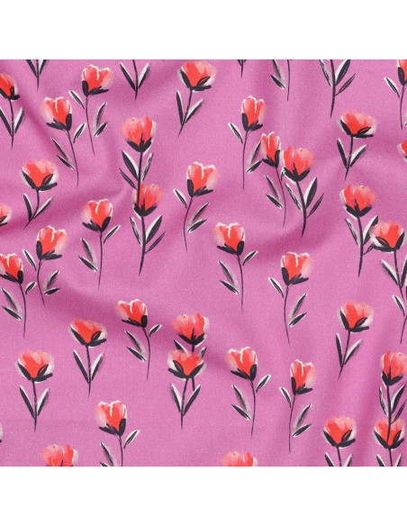Tissu, Popeline de Coton Coquelicots, Mauve, Laize 150 cm, 100% Coton 110g/m²