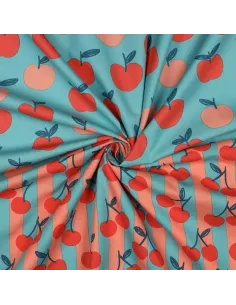 Tissu, Popeline de Coton Pommes Orange sur Turquoise, Turquoise & Orange, Laize 150 cm, 100% Coton 110g/m² 2