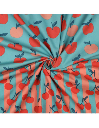 Tissu, Popeline de Coton Pommes Orange sur Turquoise, Turquoise & Orange, Laize 150 cm, 100% Coton 110g/m²