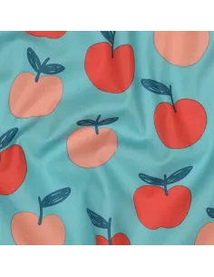 Tissu, Popeline de Coton Pommes Orange sur Turquoise, Turquoise & Orange, Laize 150 cm, 100% Coton 110g/m²