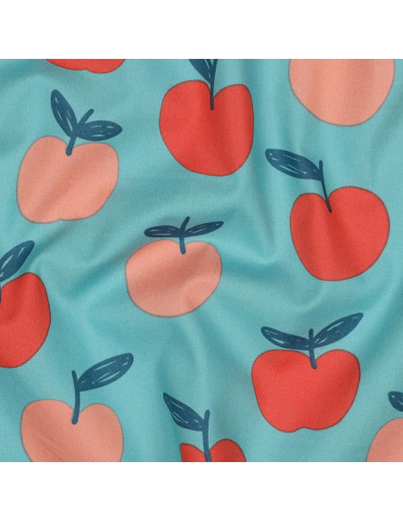 Tissu, Popeline de Coton Pommes Orange sur Turquoise, Turquoise & Orange, Laize 150 cm, 100% Coton 110g/m²